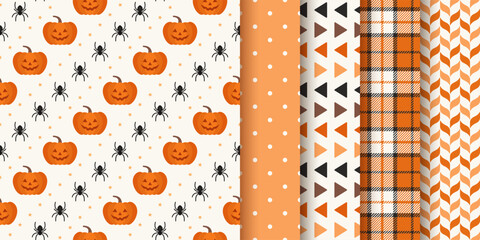 Halloween patterns. Seamless Haloween backgrounds. Set textures with pumpkin face, zigzag, polka dot and plaid. Geometric wrapping paper. Orange purple yellow textile prints. Vector illustration.