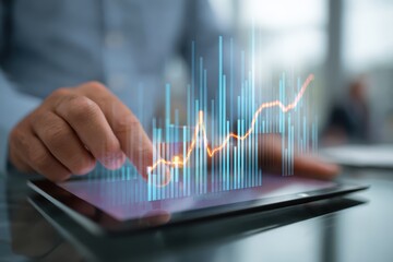 Businessman analyzing sales data and economic growth trends using a digital tablet in a modern office setting during daytime