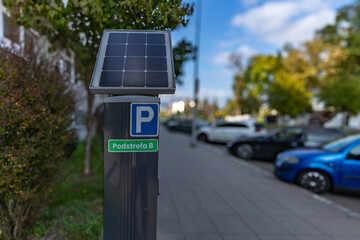 Parking meter for collecting parking fees in the city center, Zone A, Zone B, Czestochowa Poland