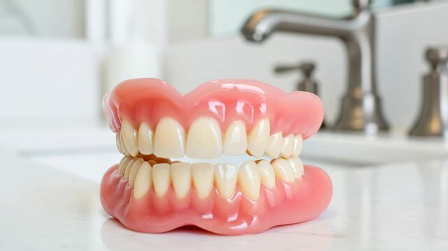 Full denture on bathroom counter, for dental care advertising