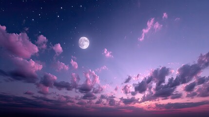 Dramatic Night Sky With Pink Clouds and Pixelated Full Moon Over Dark Horizon