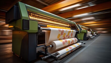 High-speed textile printing machines produce vibrant floral fabric rolls in a modern factory setting