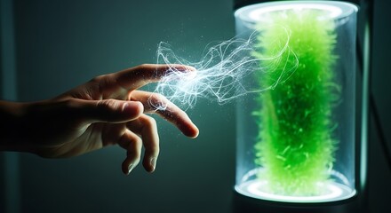 Human hand reaching towards glowing green energy creating futuristic science and technology concept