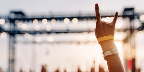 A person's hand makes a rock-and-roll gesture at an outdoor concert, wearing a wristband and watch