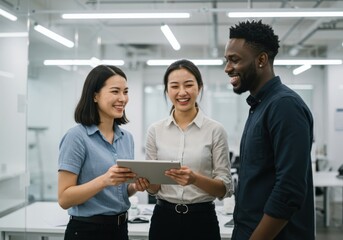 Diverse team of three professionals collaborating on a digital tablet in a modern brightly lit office environment