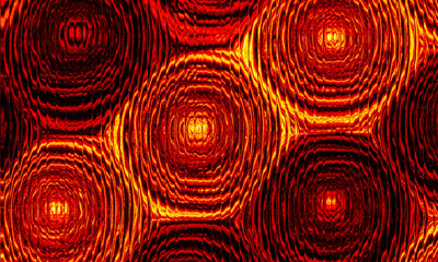 Honeycomb pattern with concentric circles in fiery orange and red hues