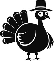 Turkey with pilgrim hat silhouette vector icon , black and white 