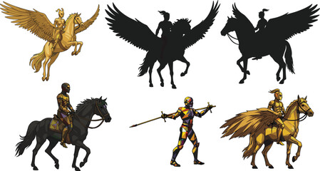 Fantasy armored warriors with winged horses, Pegasus riders in battle poses, mythical medieval knights, colorful and silhouette designs, epic heroic scene