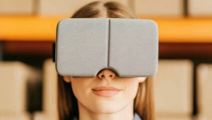 A woman uses a virtual reality headset in a warehouse setting, experiencing immersive technology