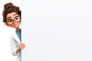 3D illustration of a young female doctor with eyeglasses wearing a white coat, holding a blank white poster for copy space, isolated on a clean white background