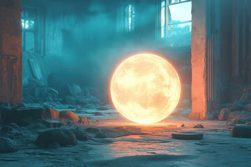 Large yellow ball in ruined building.