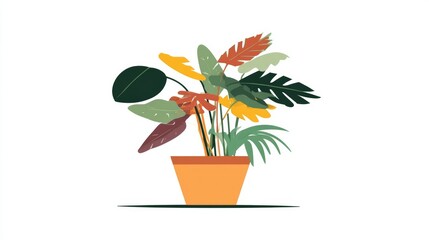 Colorful potted houseplant illustration with diverse leaf shapes and colors, featuring a vibrant mix of green, yellow, orange, and red foliage.