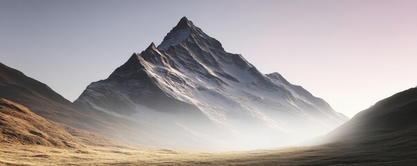 Majestic snow-capped peak rises majestically above a valley at sunrise, creating a serene and breathtaking view