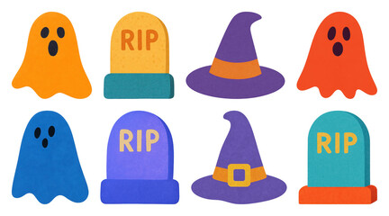 PNG Colorful Halloween ghost hat gravestone, element set on transparent background