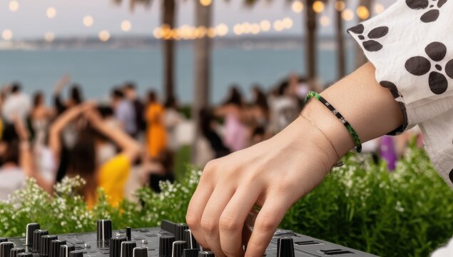 A female DJ mixes music at an outdoor beach party with a blurred crowd dancing in the background - Powered by Adobe