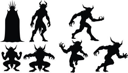Dark fantasy monster silhouettes, demonic horned beasts, werewolf creatures, horror shadow figures, mythical evil entities, aggressive stances, ominous black shapes, night terror art