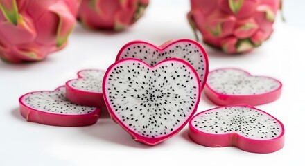 Vibrant Dragon Fruit Slices and Whole Fruits Displayed on a White Background, Showcasing Their Unique Texture and Color