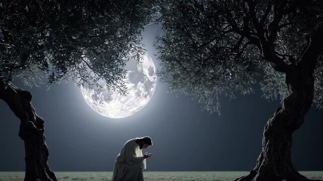 Vertical video of Jesus Christ praying in Gethsemane at night under full moon.