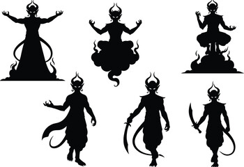 Horned demon silhouette, fantasy character design, mythical warrior concept, dark art illustration, evil creature pose, mystical figure stance, occult themed artwork
