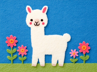 Felt Llama and Flowers on Colored Felt Background