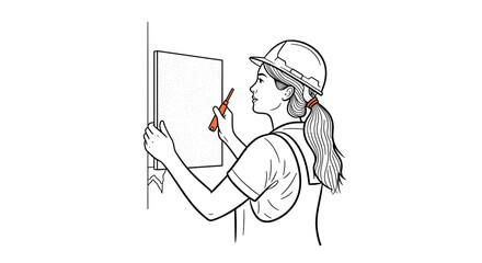 Woman marking measurements on a wall, woman installing decorative panels