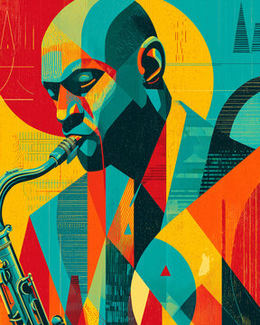 Kubańska grafika w stylu kubizmu, przedstawiająca muzyka grającego na saksofonie. Dominują intensywne barwy, geometryczne kształty i abstrakcyjne formy.