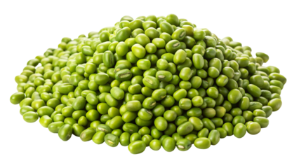 A generous pile of vibrant green mung beans forming a mound isolated on transparent background