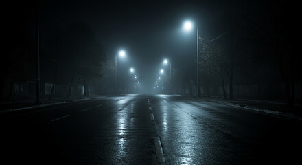 A long, empty road stretches into the distance at night, illuminated by streetlights and reflecting the wet pavement. Fog obscures the background.