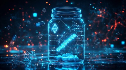 Futuristic glowing medicine bottle with digital elements, pills, and molecular structures floating in a virtual space, symbolizing pharmaceutical innovation, nanotechnology, biotech, smart healthcare