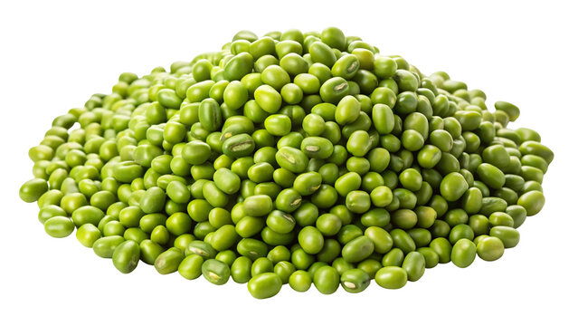 A generous pile of vibrant green mung beans forming a mound isolated on transparent background