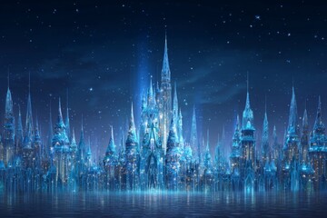 Fototapeta premium Large blue castle reflects on a surface at night under a starry sky.