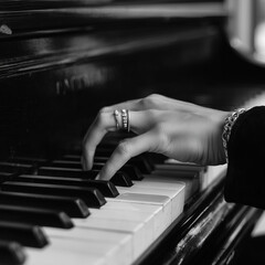 Czarno-białe zbliżenie dłoni pianistki grającej na fortepianie. Podkreśla delikatność i precyzję muzycznych gestów.