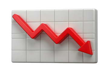 Red downward trending arrow on white grid background isolated on a transparent background