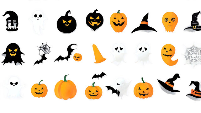 Gran Set de Elementos Gráficos de Halloween Iluminados, con Calabazas Jack-o'-lantern, Fantasmas Espeluznantes y Sombreros de Bruja para Diseño Digital.