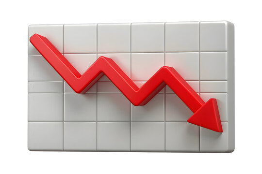Red downward trending arrow on white grid background isolated on a transparent background