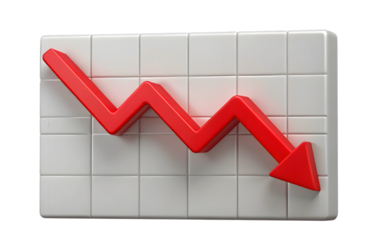 Red downward trending arrow on white grid background isolated on a transparent background