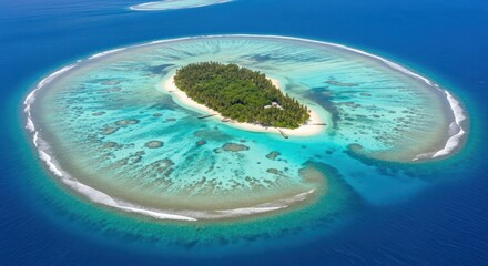 Breathtaking Aerial View of a Secluded Tropical Island and Vibrant Coral Reef within a Turquoise Atoll, a Perfect Paradise Destination.