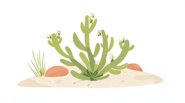 Stylized illustration of a desert plant with green succulent-like leaves and small yellow flowers, growing in sandy ground with rocks and sparse grass.