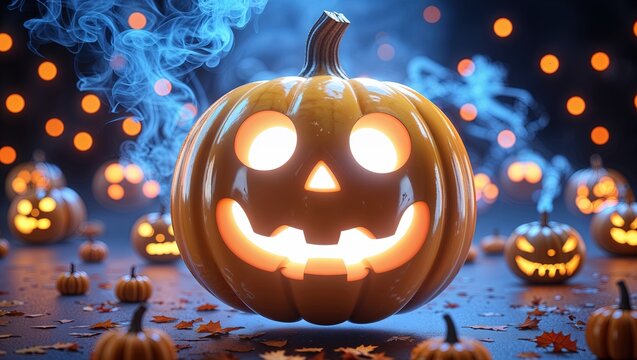 Calabaza flotante con luz azul y vapor, estilo futurista de Halloween, imagen horizontal con espacio libre