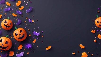 Fototapeta premium Composición vertical de Halloween con calabazas y murciélagos con marco decorativo naranja y morado y centro vacío para texto o logo