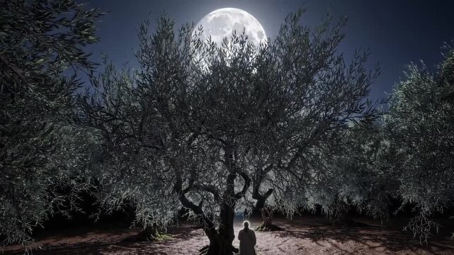 Vertical video of Jesus Christ praying in Gethsemane at night under full moon.