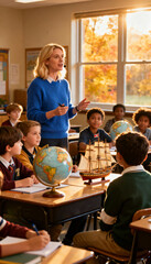Female teacher lecturing students in a classroom with globes and a model ship on the desks during the day