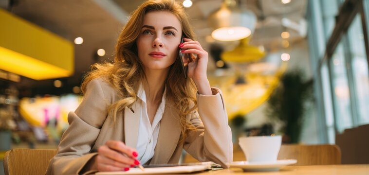 The Businesswoman at Café Table Creating Notes with Laptop and Coffee