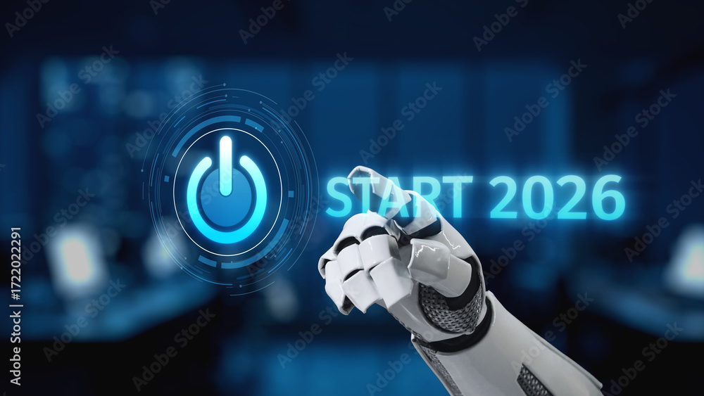 Aufkleber a futuristic robot hand is about to touch a digital power symbol with the text 