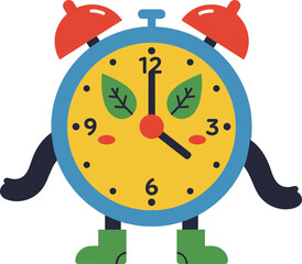 Cute cartoon alarm clock character with green boots, red bells, smiling face, creative design, funny timepiece, vector illustration for children and education