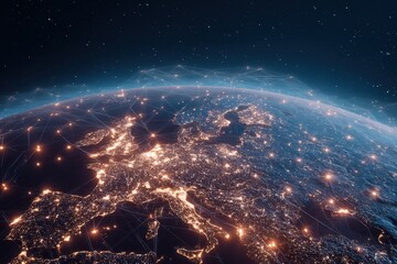 Obraz premium Visual representation of European telecommunication and data transfer network highlighting key connections and data flow across the continent at night