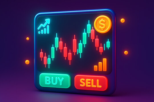 A vibrant 3D illustration of a glowing stock or cryptocurrency trading app interface with a candlestick chart and prominent buy and sell buttons for financial investment and business concepts