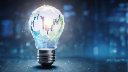 A polygonal lightbulb, illuminated with a financial chart, sits on a digital platform.  Modern and innovative