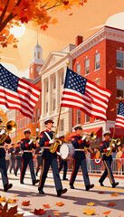 A marching band parades down a street with american flags during the autumn season in a small town