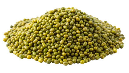 A large pile of small green mung beans forming a mound isolated on transparent background
